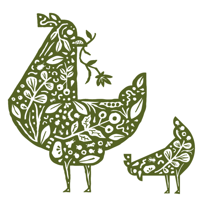 Pasture Bird graphic logo of two hens foraging